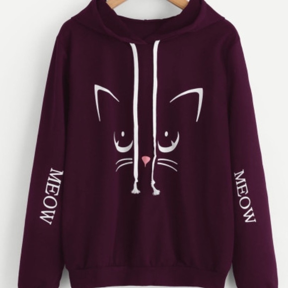 Tops - Adorable burgundy  MEOW kitten hoodie